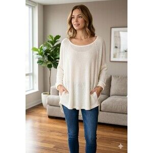 Women Sz L Dolman Sleeve High-Low Sweater Oversize Chunky Fisherman Boho Cottage